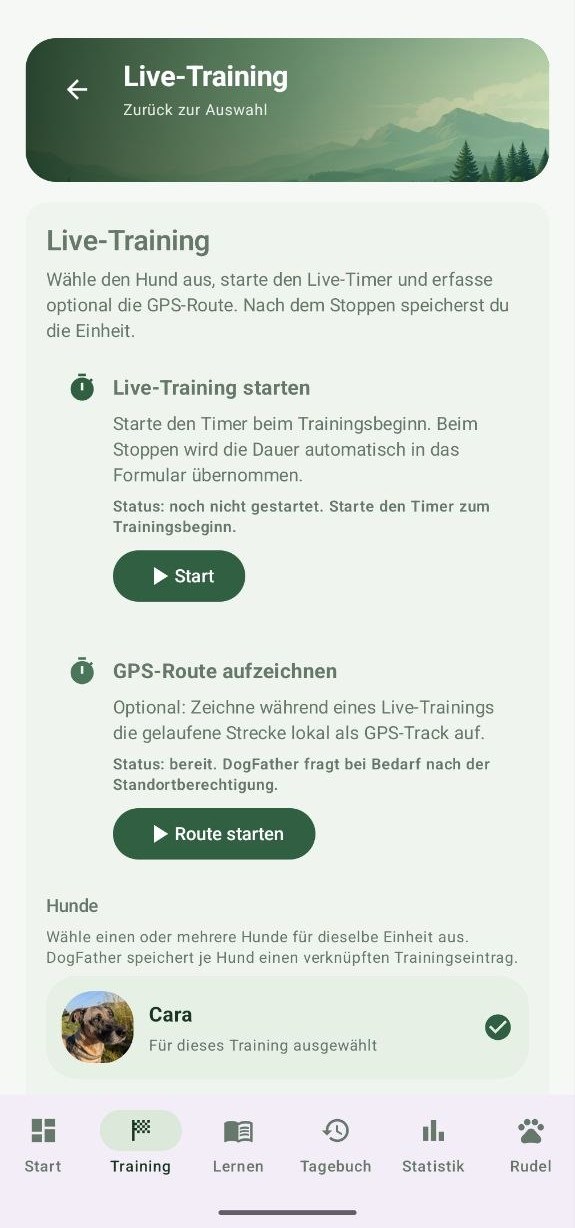 DogFather Live-Training mit Timer, GPS-Route und Hund-Auswahl