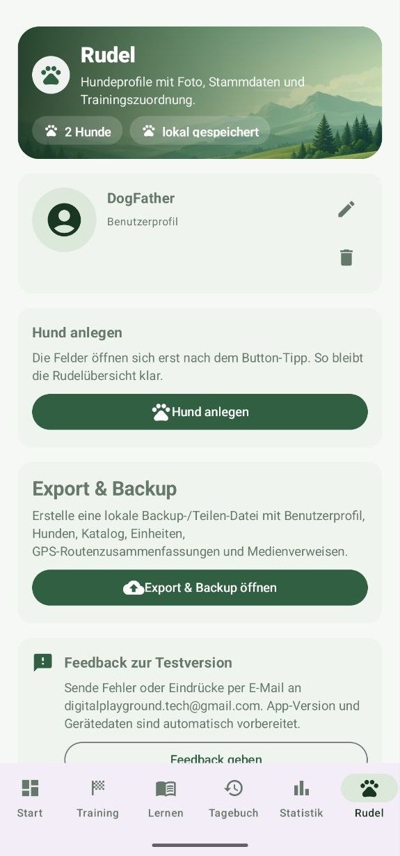 DogFather Rudelbereich mit Hundeprofilen, Benutzerprofil, Export und Backup